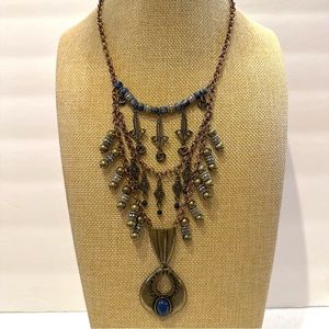 Free People BOHO necklace copper chain, antique gold pendant, blue lapis beads